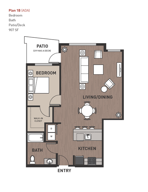 Floor plan for 1 bed, 1 bath, 907 sqft